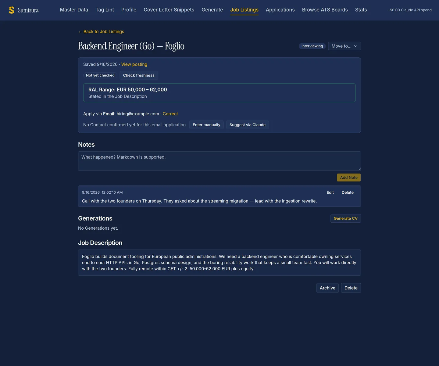 A single job listing with its notes, generations and the full job description