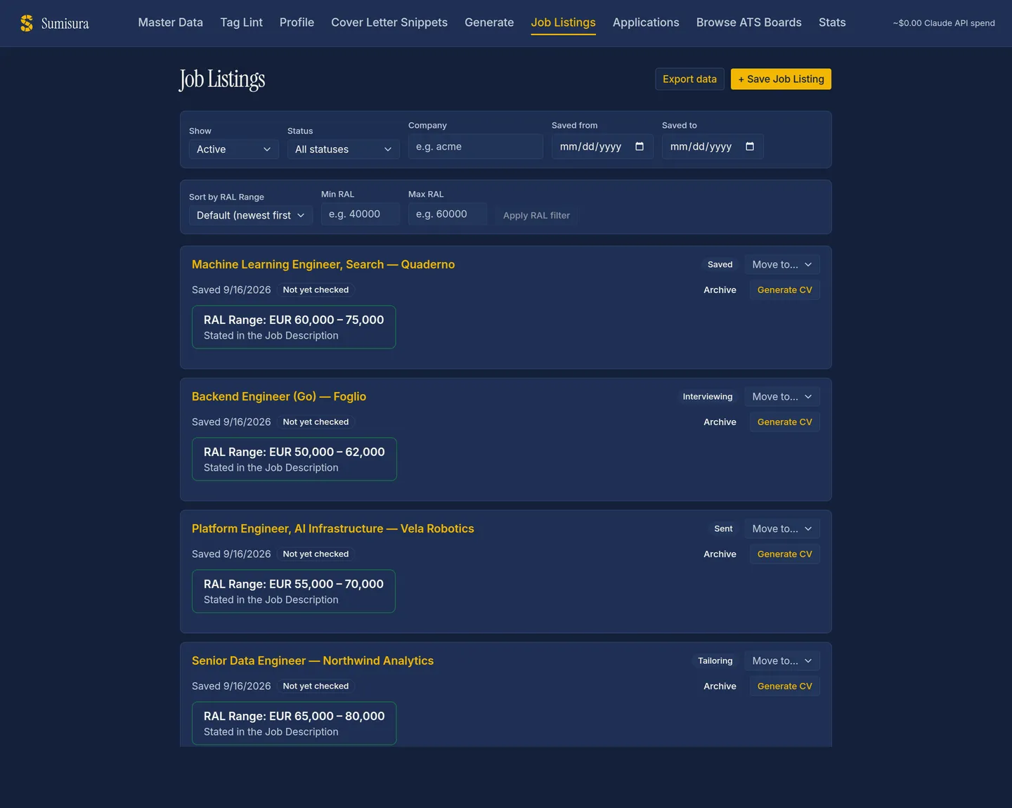 The Job Listings view: four saved jobs, each with its salary range, freshness state and a Generate CV action
